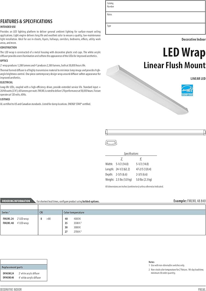 Lithonia Lighting 4 Foot LED Light Fixture, Low-Profile LED Wraparound Flush Mount Ceiling Light, 3500K Neutral White, 120V, 48-Inch (FMLWL 48 835)