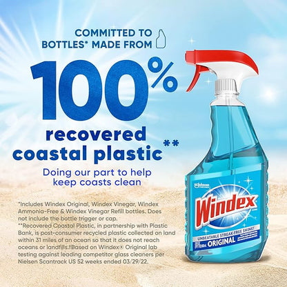 Windex Glass Cleaner Spray Refill, Original Blue Window Cleaner Works on Smudges and Fingerprints, Bottle Made from 100% Recovered Coastal Plastic, 2L (Pack of 2)