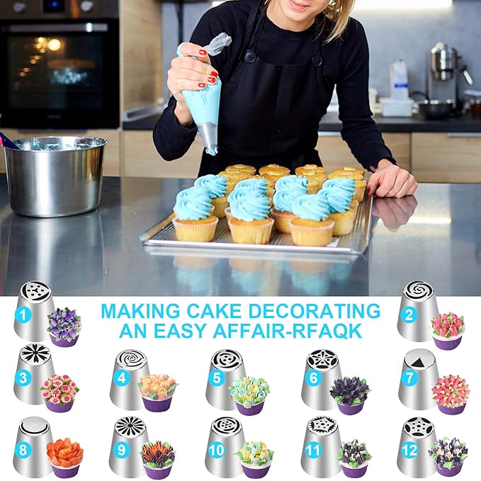 47 Pcs Russian Piping Tips Set, 12 Flower Frosting Nozzles Icing Tips for Cake Decorating Tips Kit, Baking Supplies for Cookie Cupcake, 2 Leaf Piping Tips 2 Couplers 30 Pastry Baking Bags YLYL
