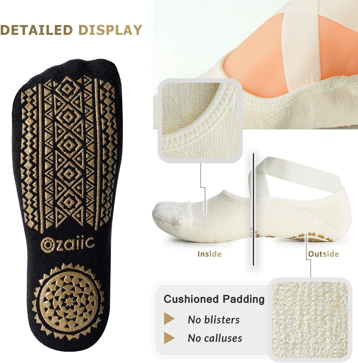 Ozaiic Yoga Socks for Women Non-Slip Grips & Straps, Ideal for Pilates, Pure Barre, Ballet, Dance, Barefoot Workout