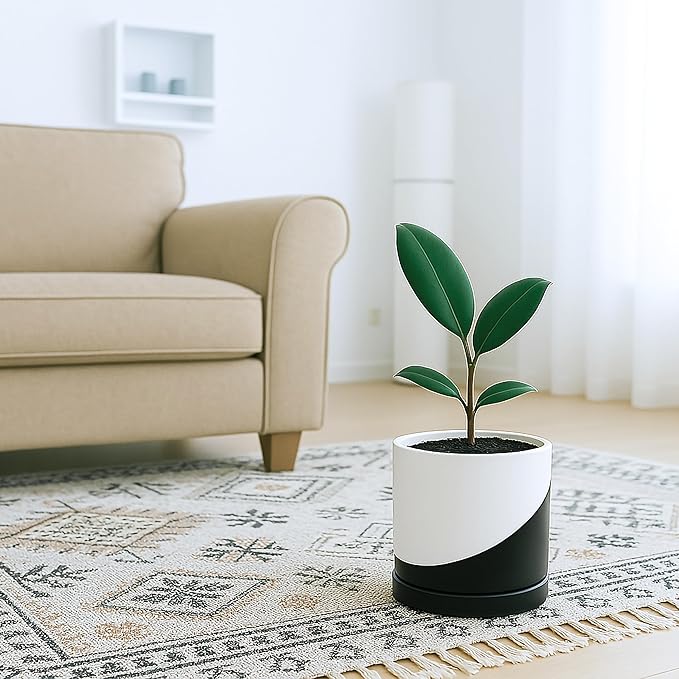 D'vine Dev 6.5 Inch Ceramic Planter Pot with Drainage Hole and Saucer, Indoor Cylinder Round Planter Pot, Oblique Monochrome Black and White, 94-O-C-K