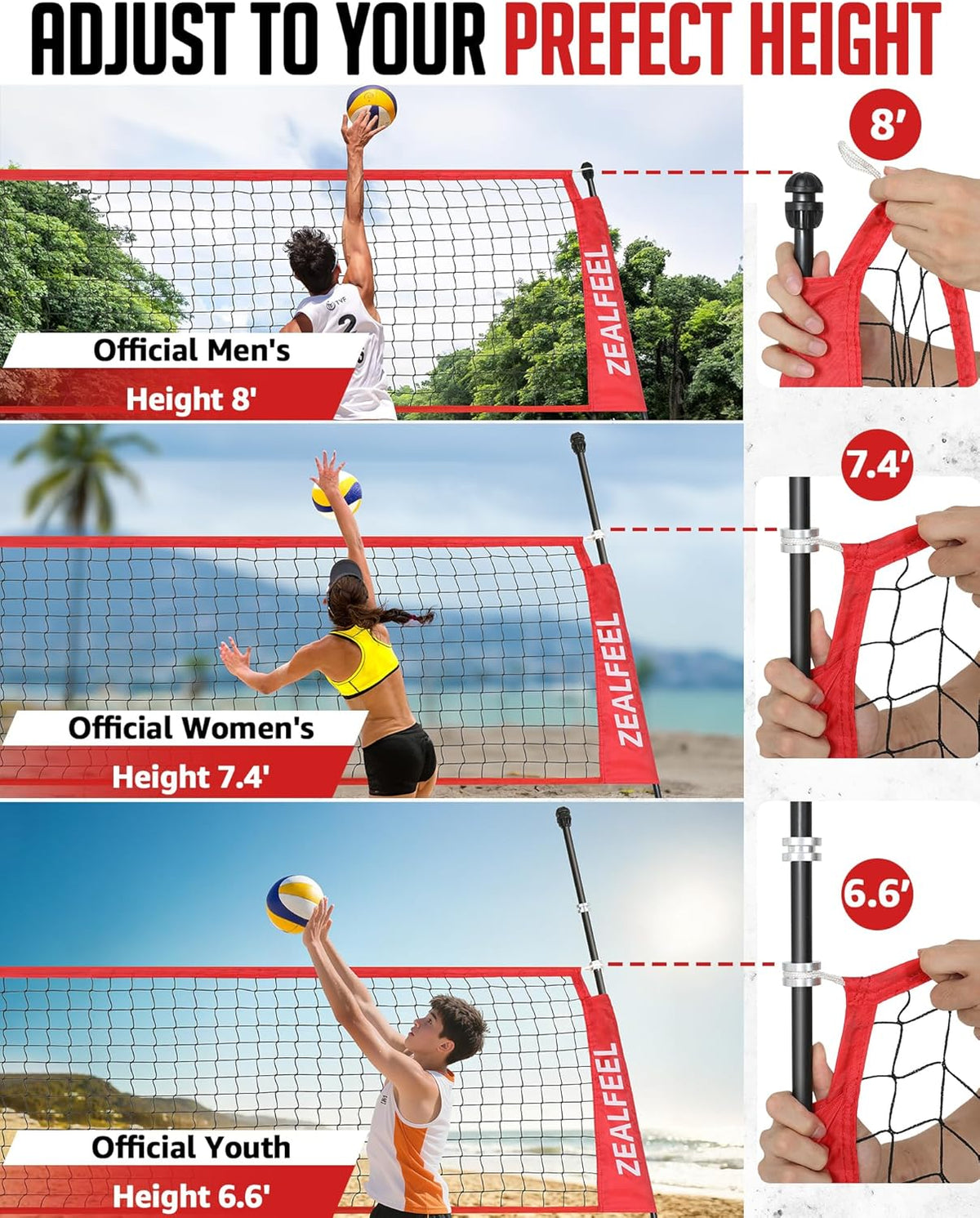 Volleyball Net, 12FT Training Set with 3-Level Adjustable Height (8'/7.4'/6.6'), Freestanding Portable Practice Net for Backyard, Serving & Spiking Drills, with Carry Bag for Outdoor & Indoor