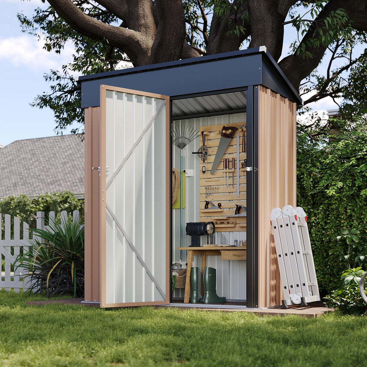 Aoxun 5x3 FT Shed Outdoor Waterproof Storage Shed Metal Garden Shed with Lockable Doors & Slooping Roof for Backyard, Patio, Poolside (Brown)