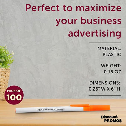 DISCOUNT PROMOS Custom Value Stick Pens Set of 100, Personalized Bulk Pack - Black Ink, Great for Office, School, Business, Tradeshows, Events - Orange