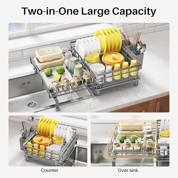 SNTD Dish Drying Rack - Extendable Dish Rack, Large Sink Drying Dish Drainer for Kitchen Counter, Stainless Steel Dish Strainer with Utensil Holder (Grey)