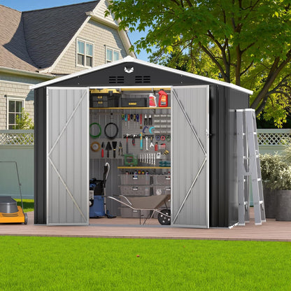 10x8 FT Outdoor Storage Shed, Metal Garden Shed - Tool Storage Sheds with Lockable Doors, Waterproof Outside Storage Building for Backyard, Patio (Black; Floor Not Included)