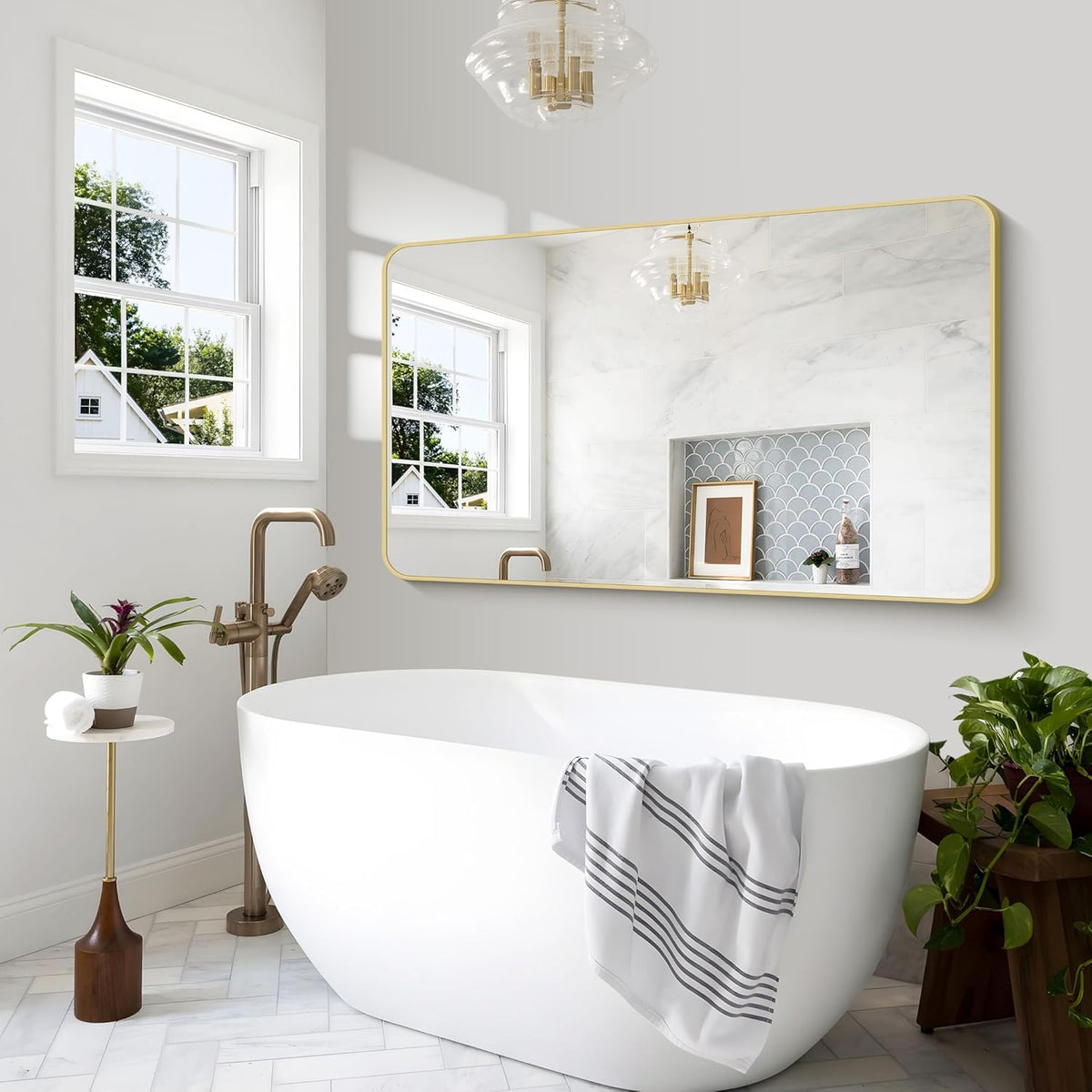Gold Bathroom Mirror,60x36 inch Wall Mirror for Bathroom Wall Mounted,Round Rectangle Mirror for Bathroom Over Sink,Modern Frame for Home Decor Living Room,Bedroom Entryway,Horizontal/Vertical