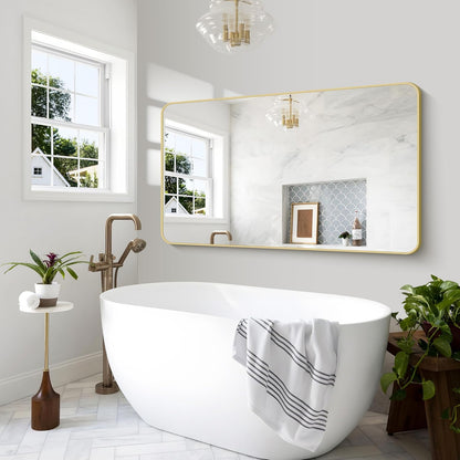Gold Bathroom Mirror,60x36 inch Wall Mirror for Bathroom Wall Mounted,Round Rectangle Mirror for Bathroom Over Sink,Modern Frame for Home Decor Living Room,Bedroom Entryway,Horizontal/Vertical