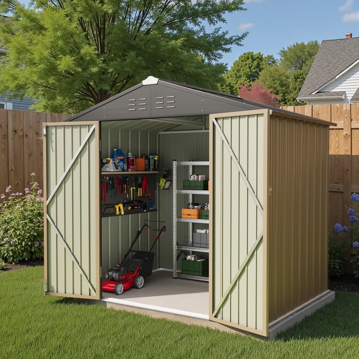 Greesum 8×6FT Outdoor Storage Shed, Metal Patio Storaged Sheds with Lockable Doors, Sheds & Outdoor Storage for Bike, Backyard, Pool and Garden, Brown