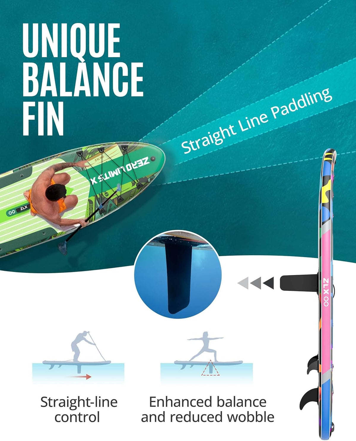 ZLX Inflatable Stand Up Paddle Board, 10'6" SUP Non-Slip Stable Deck Pad, Unique Center Fin, Premium Accessories, Portable Paddleboard for Adults, Beginners, All Skill Levels