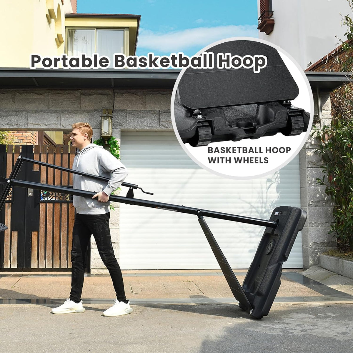 Basketball Hoop Outdoor 44-48Inch Impact Backboard, 5.3-10FT Height Adjustable Basketball Hoop Goal System with Portable Wheels for Adults