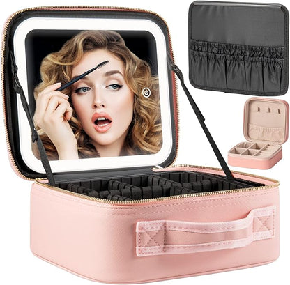 Makeup Travel Train Case with Mirror LED Light 3 Adjustable Brightness Large Cosmetic Bag Portable Storage Adjustable Partition Waterproof Makeup Brushes Make up Jewelry Gift for Women