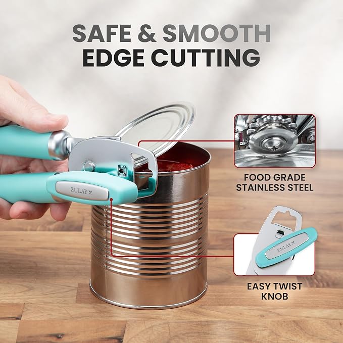 Zulay Kitchen Heavy Duty Stainless Steel Can Opener Manual with Bottle Opener - Rust Proof Manual Can Opener With Turn Knob & Comfy Soft Grip Handles - Teal