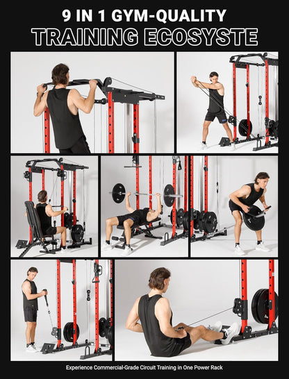 YOLEO Smooth Dual Pulley System Power Cage, 1600LBS Adjustable Cable Crossover Power Rack, Multi-Functional Squat Rack for Home Gym with More Training Attachment