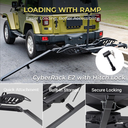 CyberRack E2 Hitch 2-Bike Rack for Car, Ebike Rack with Loading Ramp & Hitch Lock, Fits SUV, Truck, RV, Van with 2” Receiver, Holds Fat Tire Bikes 2.5” to 5.0” Wide