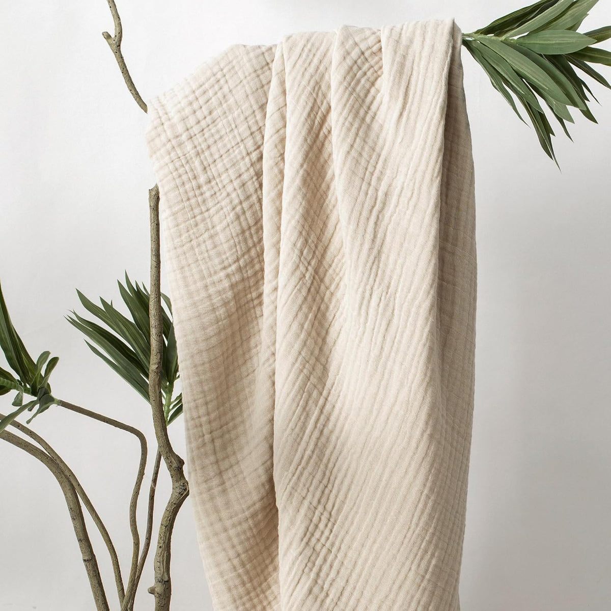 Carriediosa 100% Cotton Muslin Throw Blanket 90" X 90" Queen Size，4-Layers Summer Gauze Throws for Bed Couch，Soft Lightweight Breathable Linen Blankets Bedspread for Adults All Season，Khaki