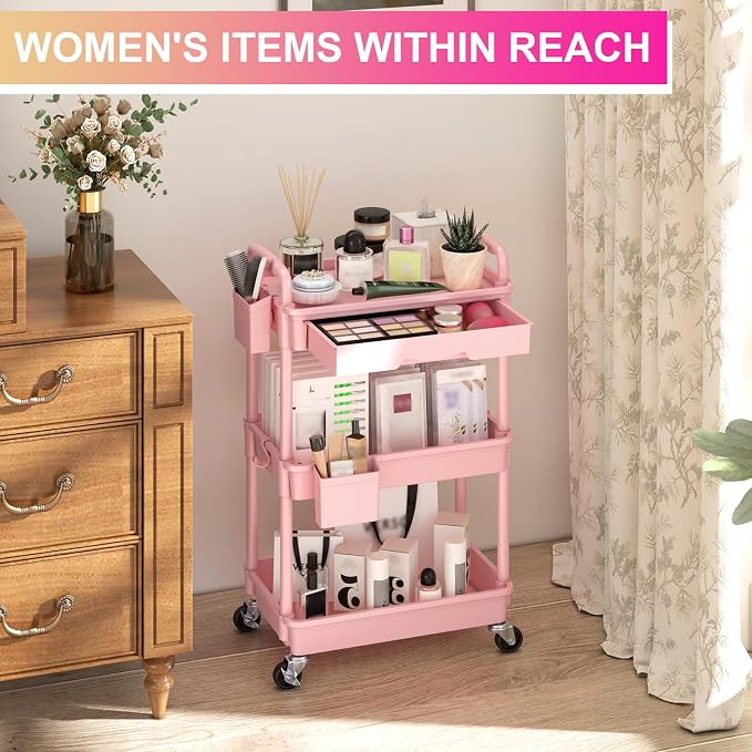Goovilla 3 Tier Rolling Utility Cart Organizer with Removable Drawer, Stable and Sturdy Pink Rolling Storage Carts with 2 Lockable Wheels for Bathroom, Kitchen, Snack, Craft, Makeup, Baby Essentials