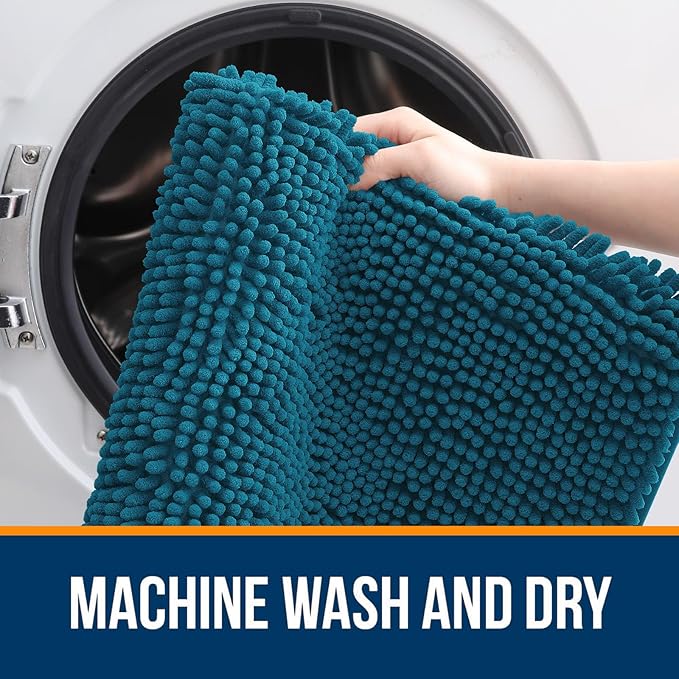 OLANLY Bathroom Rugs 30x18, Extra Soft Absorbent Chenille Bath Rugs, Rubber Backing Quick Dry, Machine Washable Bath Mats for Bathroom Floor, Tub and Shower, Home Decor Accessories, Peacock Blue