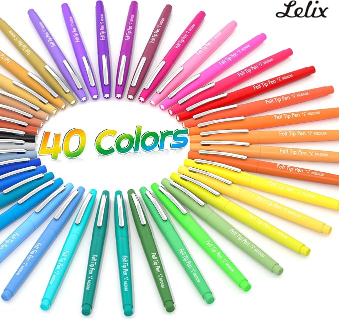 Lelix 40 Colors Felt Tip Pens, Medium Point Felt Pens, Assorted Colors Markers Pens For Journaling, Writing, Note Taking, Planner Coloring, Perfect as Art Office and School Supplies