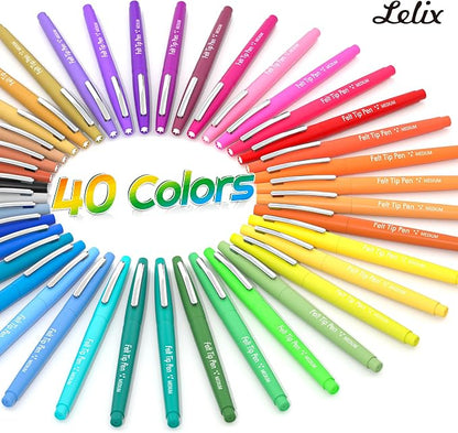 Lelix 40 Colors Felt Tip Pens, Medium Point Felt Pens, Assorted Colors Markers Pens For Journaling, Writing, Note Taking, Planner Coloring, Perfect as Art Office and School Supplies