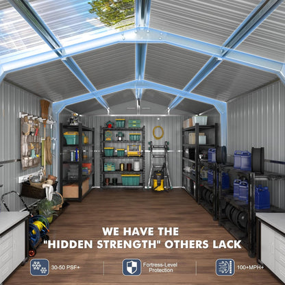 Metal Shed 10x16 FT Large with Customizable Skylight and Reinforced Steel Frame, Heavy-Duty Galvanized Steel Big Garden Sheds with Lockable Doors,4 Pane Windows, Large Utility Tool Sheds