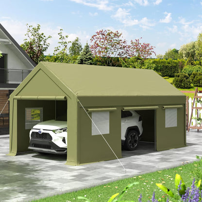 12x20 FT Carport, Heavy Duty Carport, Portable Garage with Side-Opening Door & Roll-Up Windows, Car Canopy Reinforced Four-Hole Base for Car, Truck, Boat, Motorcycle, Green