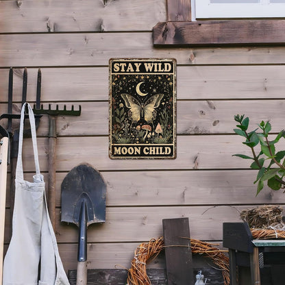 Vintage Tin Sign Butterfly Stay Wild Moon Tin Sign Retro Wall Decor for Home Office Room Wall Decor Poster 12 * 8inch