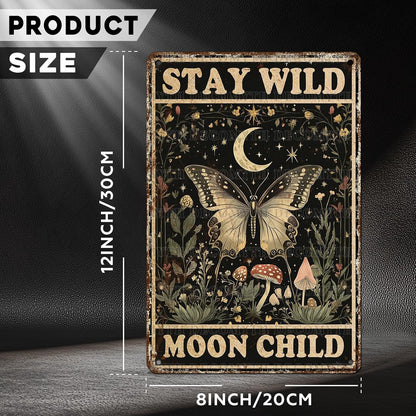 Vintage Tin Sign Butterfly Stay Wild Moon Tin Sign Retro Wall Decor for Home Office Room Wall Decor Poster 12 * 8inch