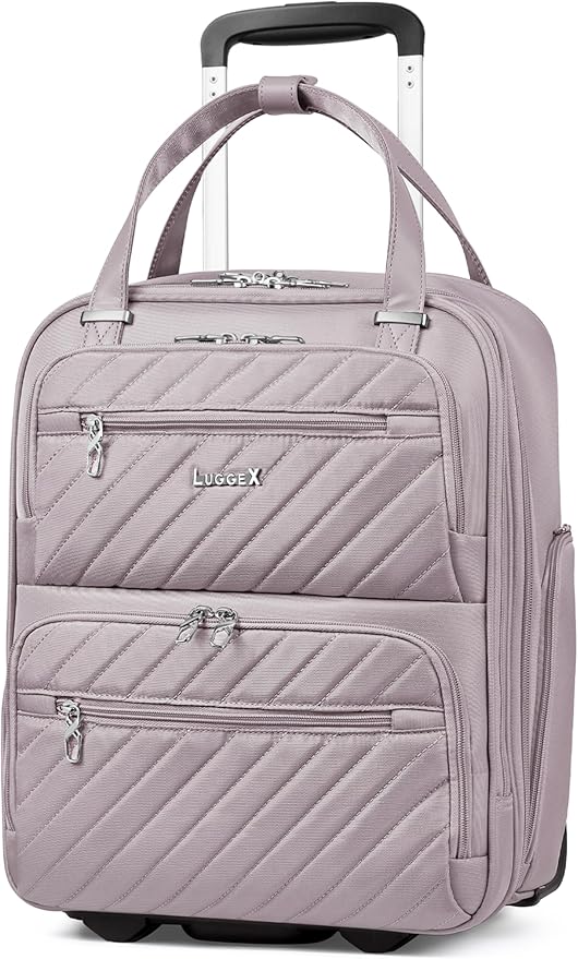 LUGGEX Underseat Carry On Luggage with Wheels, Stylish Lightweight Under Seat Luggage, Soft Sided Personal Item Suitcase for Short Trip (Grey Pink, 16 Inch)