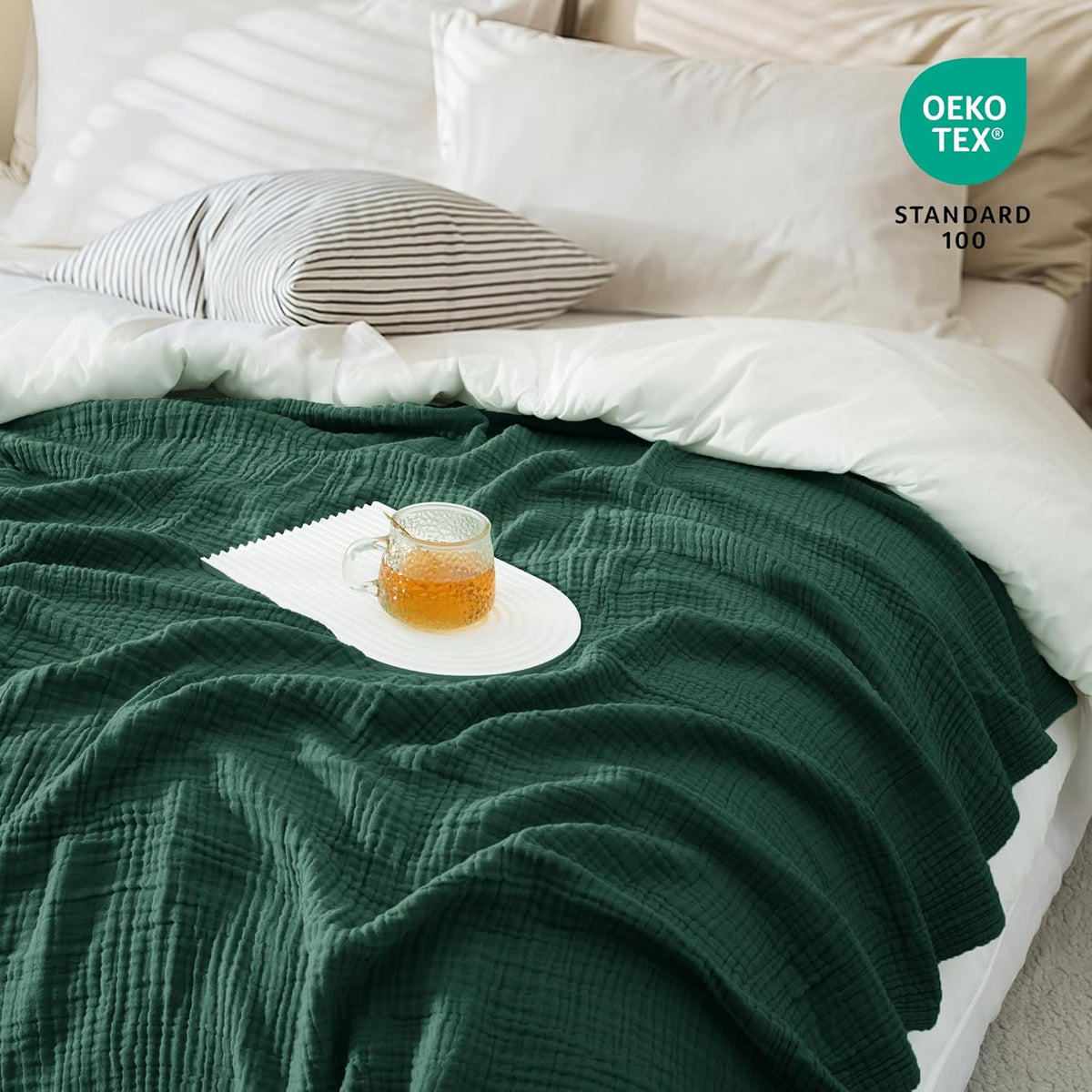 Carriediosa 100% Cotton Muslin Throw Blanket 90" X 90" Queen Size，4-Layers Summer Gauze Throws for Bed Couch，Soft Lightweight Breathable Linen Blankets Bedspread for Adults All Season，Dark Green
