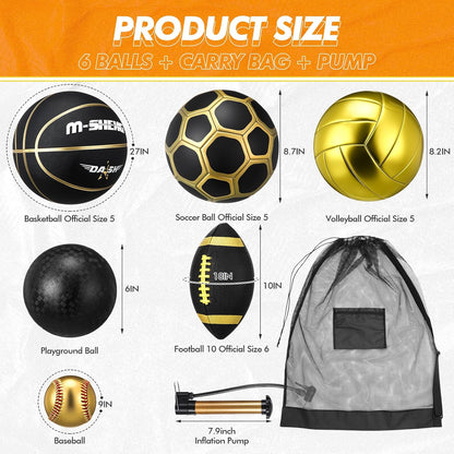 6 Pcs Multi Sport Ball Set Official Size Football, Basketball, Soccer, Volleyball, Playground Ball, Baseball with Equipment Bag Pump for Teen Adult Sport Gift Back to School