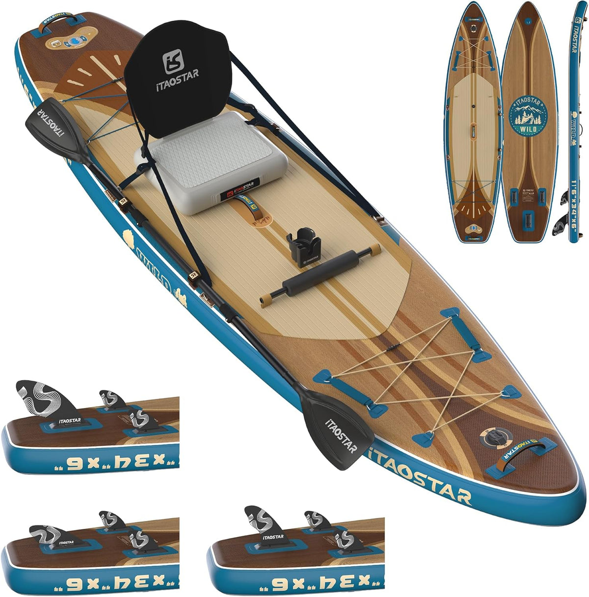 Wild 11'×36"/11'6"×34"/12'6"×33" Inflatable Paddle Board with Seat, One-Stop Premium SUP Board Gears, Tailored 5 Fins, Stable Inflatable Stand Up Paddle Boards for Youth/Adults of All Levels
