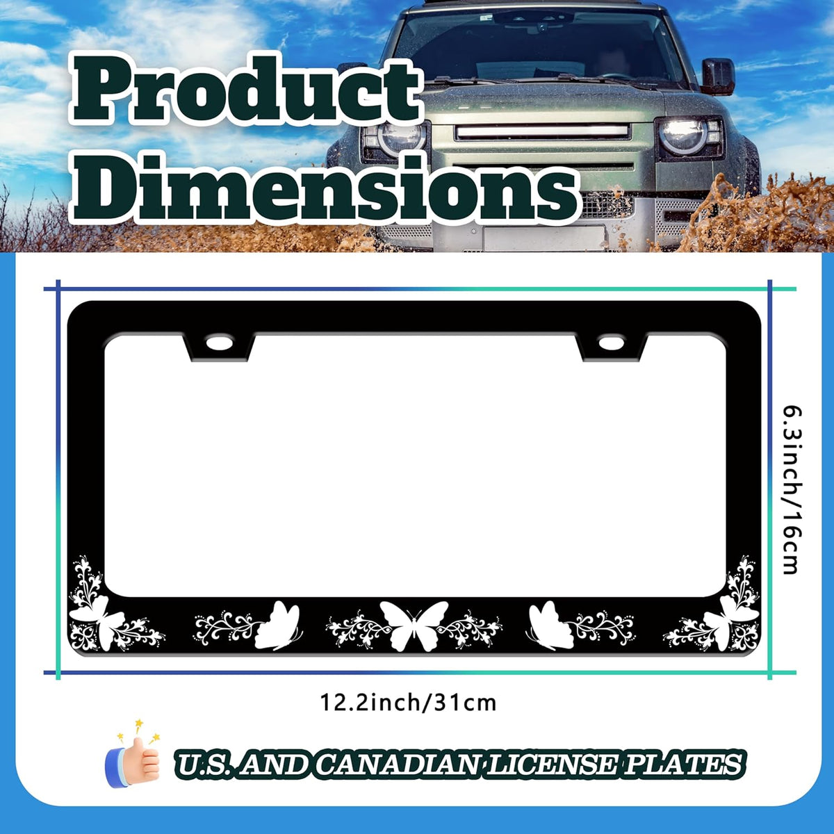 Black White Butterfly License Plate Frame Funny Butterflies License Plate Holder for Front or Rear Car Tags Reusable Durable Stainless Steel Car Decoration with Screws 6.3 X 12.2 Inch for Men Women
