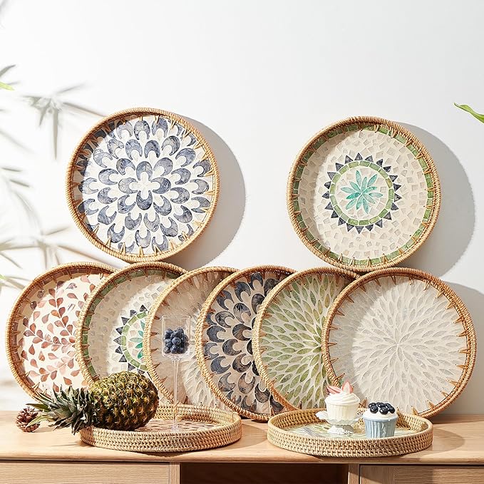 Round Rattan Tray with Mother of Pearl Inlay, Rattan Serving Tray with Wooden Base, Decorative Wicker Basket for Table Decor, Storage and Display of Coffee Bread Food Fruit (Leaf 2)