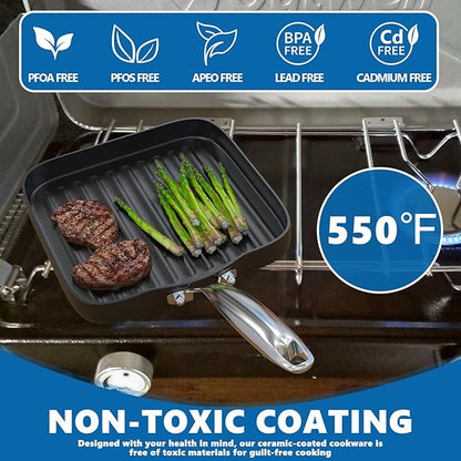 SafBbcue Square 11” Ridged Grill Pan - Non-Stick Ceramic Coated, Durable Skillet Indoor & Outdoor Grilling, Oven Gas & Induction Safe, for Weber Charbroil Camp Chef Grill, Black