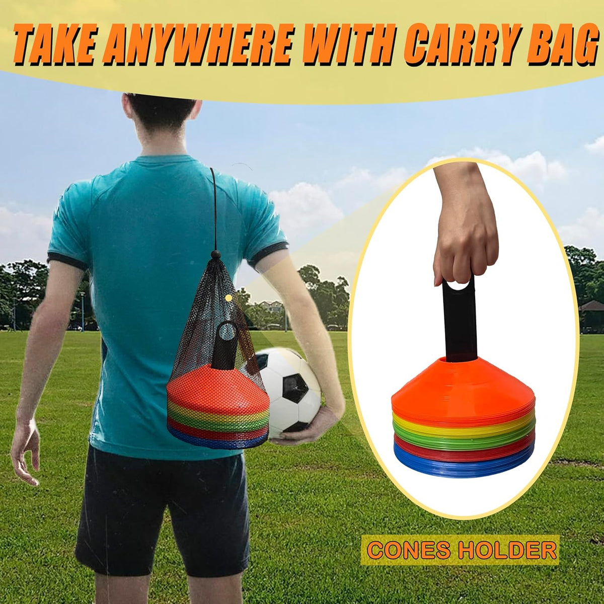 Disc Cones for Sports Training, 25/50 Pack Agility Soccer Cones with Carry Bag and Holder, Soccer, Football, Basketball, Coaching, Practice Equipment, 5 Color