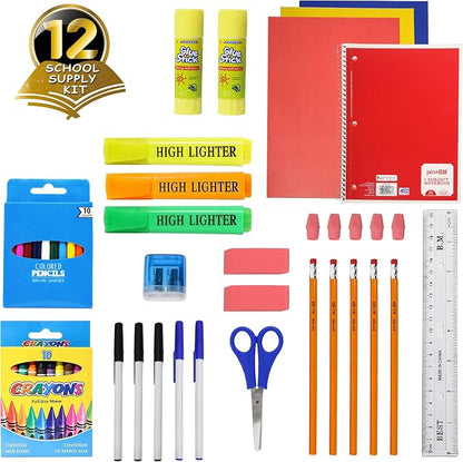 Moda West 50 Piece Bulk School Supplies Kits - Pens, Pencils, Crayons, and More - Value Pack of 12 Kits - Essential Box of School Supplies for Elementary, Middle, and High School Students