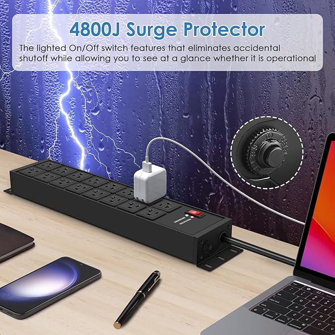 JUNNUJ Heavy Duty 20 Amp Power Strip 4800J, 16 Outlets 12 Gauge Garage Industrial Surge Protector, High Amp 5-15P Adapter Shop 6-20R T-Slot Metal Outlet, 10 FT Extension Cord Commercial for Appliance