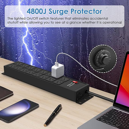 JUNNUJ Heavy Duty 20 Amp Power Strip 4800J, 16 Outlets 12 Gauge Garage Industrial Surge Protector, High Amp 5-15P Adapter Shop 6-20R T-Slot Metal Outlet, 10 FT Extension Cord Commercial for Appliance