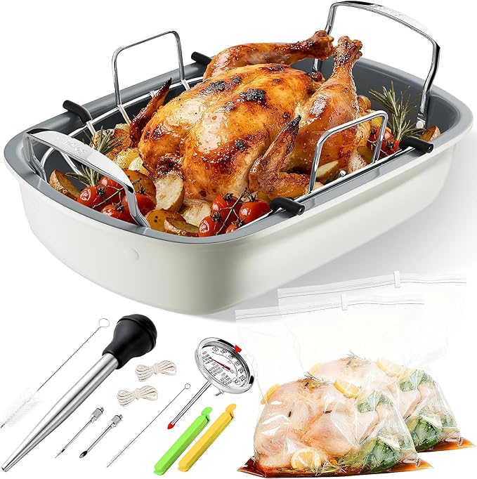 Turkey Roasting Pan, 17x13 Inch Nonstick Roaster Pan with Removable Rack, Turkey Baster, Meat Thermometer, Turkey Brine Bags, Ideal for Roasting Turkey, Meats & Vegetables (Cream&Silver)