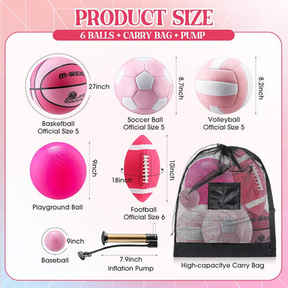 6 Pcs Multi Sport Ball Set Official Size Football, Basketball, Soccer, Volleyball, Playground Ball, Baseball with Equipment Bag Pump for Teen Adult Sport Gift Back to School