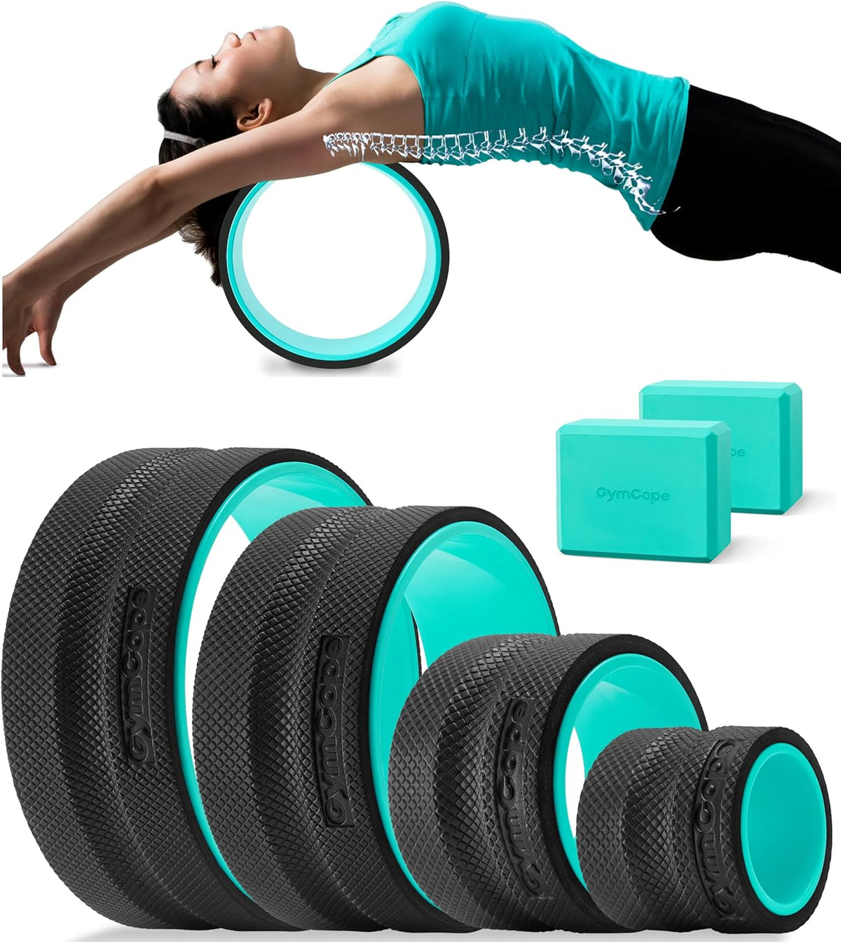 Back Roller Wheel Set of 4 with 2 Yoga Blocks – Foam Back Stretcher for Pain Relief, Spine Cradle Deep Tissue Massage Roller for Stretching & Physical Therapy