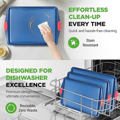 NutriChef 3-Piece Nonstick Cookie Sheets for Baking - Premium Carbon Steel Baking Trays w/ Non-Stick Smooth Coating & Silicone Handles - Large, Medium, & Small Bakeware - Blue