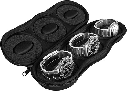 Triple Watch Travel Case Storage Organizer For 3 Watches | Tough Portable Protection w/Zipper Fits All Wristwatches & Smart Watches Up To 50mm (Black)