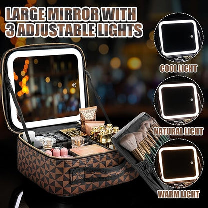 Makeup Travel Train Case with Mirror LED Light 3 Adjustable Brightness Large Cosmetic Bag Portable Storage Adjustable Partition Waterproof Makeup Brushes Make up Jewelry Gift for Women