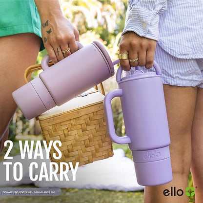 Ello Port 30oz Tumbler with Carry Loop & Integrated Handle | Vacuum Insulated Stainless Steel Reusable Water Bottle Travel Mug | Leak Proof Lid | Flexible Straw | BPA-Free | Dishwasher Safe | Black