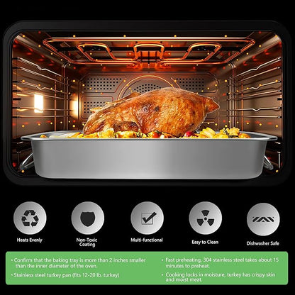 Stainless Steel Turkey Roasting Pan,Heavy Duty Nonstick Surface Roaster Pan Christmas Rectangular Lasagna Cake Baking Pans with Rack,Meat Claws, Turkey Fork,Silicone Brush,Tender Meat Needle