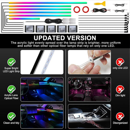 Dream+Color Acrylic Interior Car LED Strip Light with Wireless APP, RGB 18 in 1 with 175 inches 593 LEDs Fiber Optic Strip Lights for Car, Dynamic Chasing Music Sync Neon Ambient Lighting Kits