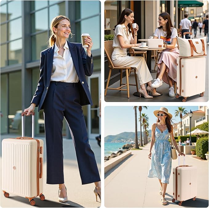 Hoteel 3 Piece Luggage Set with Spinner Wheels (4-YEAR WARRANTY), Carry on Luggage for Travel with TSA Lock, Hardshell ABS+PC Suitcase Set, 20" Suitcase + Expandable Duffel Bag + Cosmetic Bag(Beige)