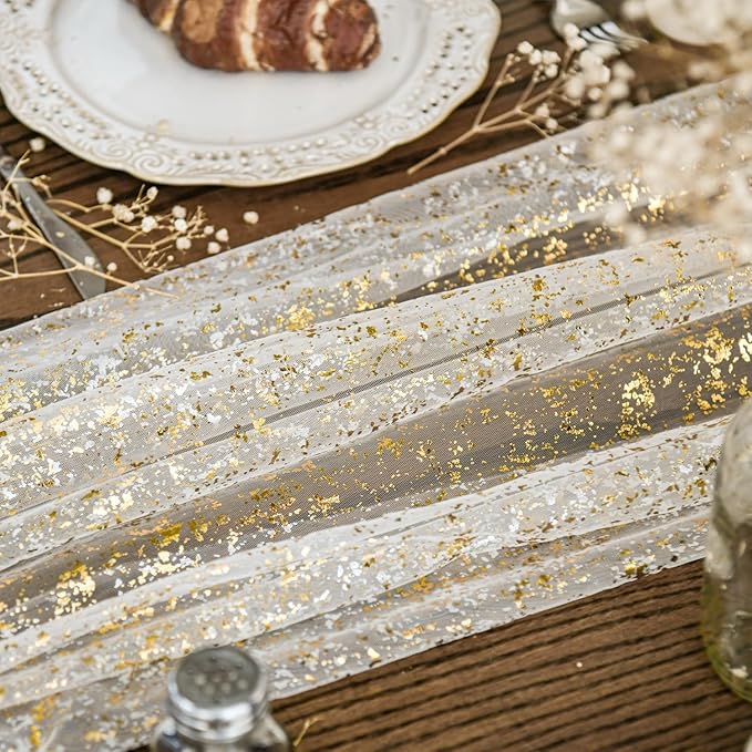 Artoid Mode Beige Gold Gauze Table Runner 120 Inch 10FT, Glitter Metallic Foil Sheer Dining Wedding Anniversary Holiday Birthday Table Decor for Home Party
